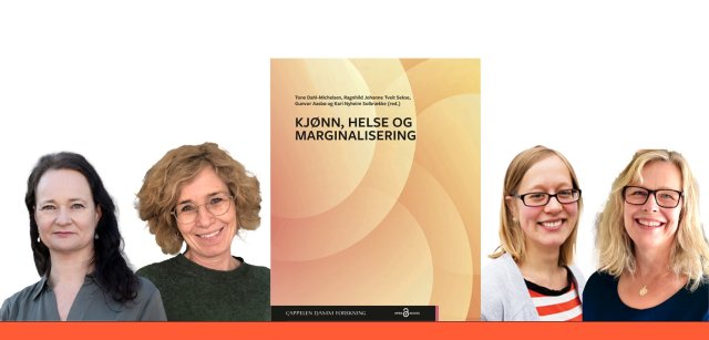 Bilde av en bokforside og bilder av fire kvinner