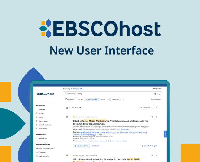 Poster med teksten "EBSCOhost New User Interface" og en laptop som viser et skjermbilde fra EBSCO sitt nye søkegrensesnitt