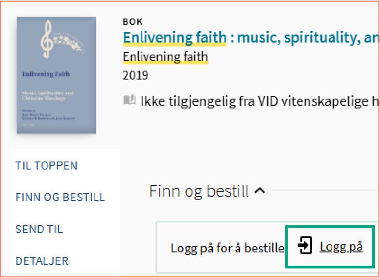 [Logg på] - skjermklipp fra Oria, påloggingsmulighet i detaljert post i Oria