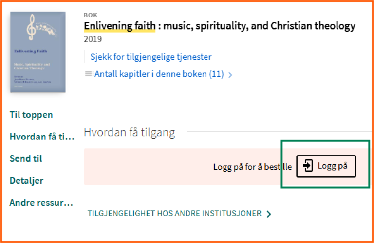 [Logg på] - skjermklipp fra Oria, påloggingsmulighet i detaljert post i Oria
