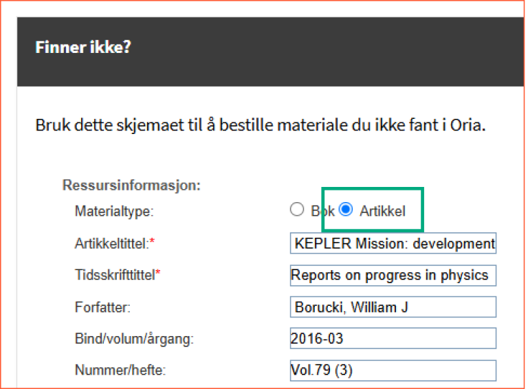 [Finner ikke?] - skjermklipp fra Oria, bestillingsskjema for materiale som ikke finnes i Oria