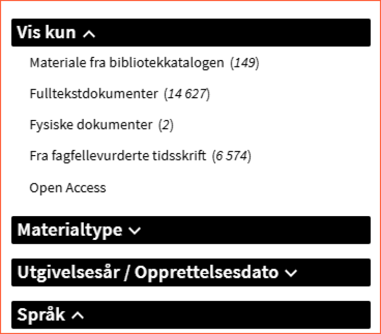 [Tilpass dine resultater] - skjermklipp fra Oria, hvordan bruke filter for å avgrense søkeresultat