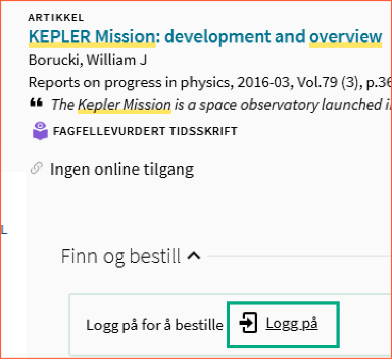 [Logg på] - skjermklipp fra Oria, påloggingsmulighet i detaljert post i Oria