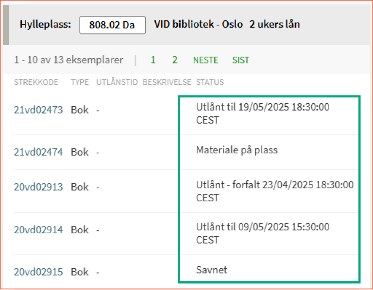 [Finn og bestill] - skjermklipp fra Oria, viser lånestatus for bokeksemplarer på et VID-bibliotek.