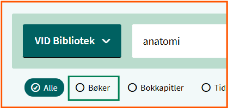 [Artikler] - skjermklipp fra Oria, hvordan bruke knapper under søkefeltet for å avgrense søkeresultatet til spesifikk materialetype