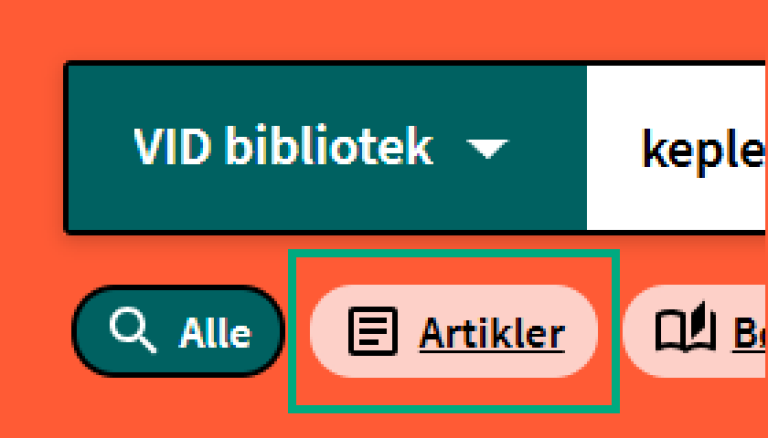 [Artikler] - skjermklipp fra Oria, hvordan bruke knapper under søkefeltet for å avgrense søkeresultatet til spesifikk materialetype