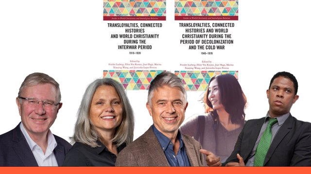 Five editors with two book covers in the background