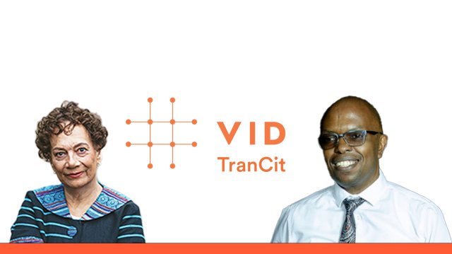Two of the keynote speakers on each side of the TranCit Logo