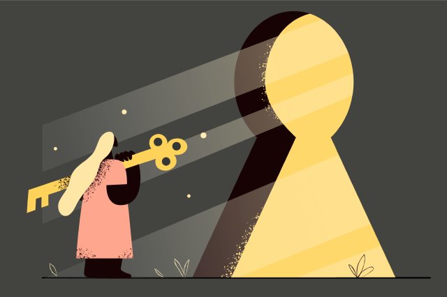 Illustration. A person with a large key in front of a keyhole from which light is shining.