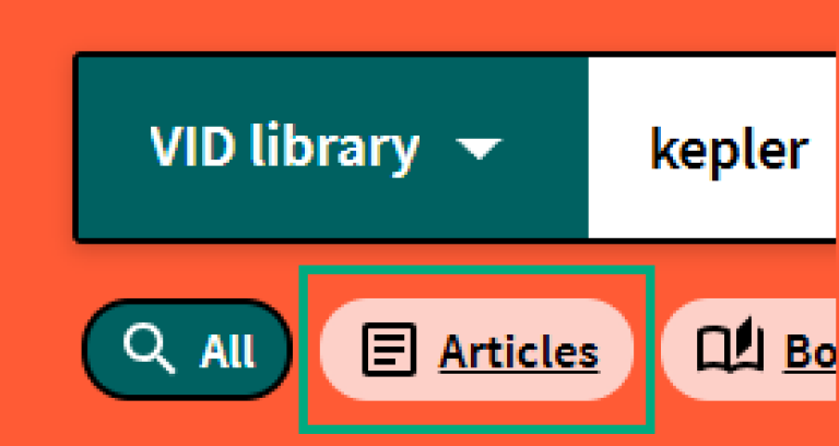 [Articles] -  screen shot from Oria, showing  how to use buttons below the search field to limit search results to a specific material type