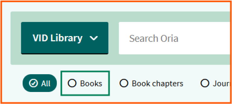 [Articles] -  screen shot from Oria, showing  how to use buttons below the search field to limit search results to a specific material type