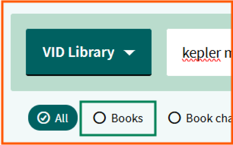 [Articles] -  screen shot from Oria, showing  how to use buttons below the search field to limit search results to a specific material type