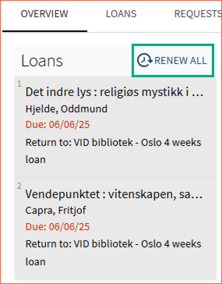 [Renew all] - screen shot from Oria, renewal of all loans on the overview page in [My Account]
