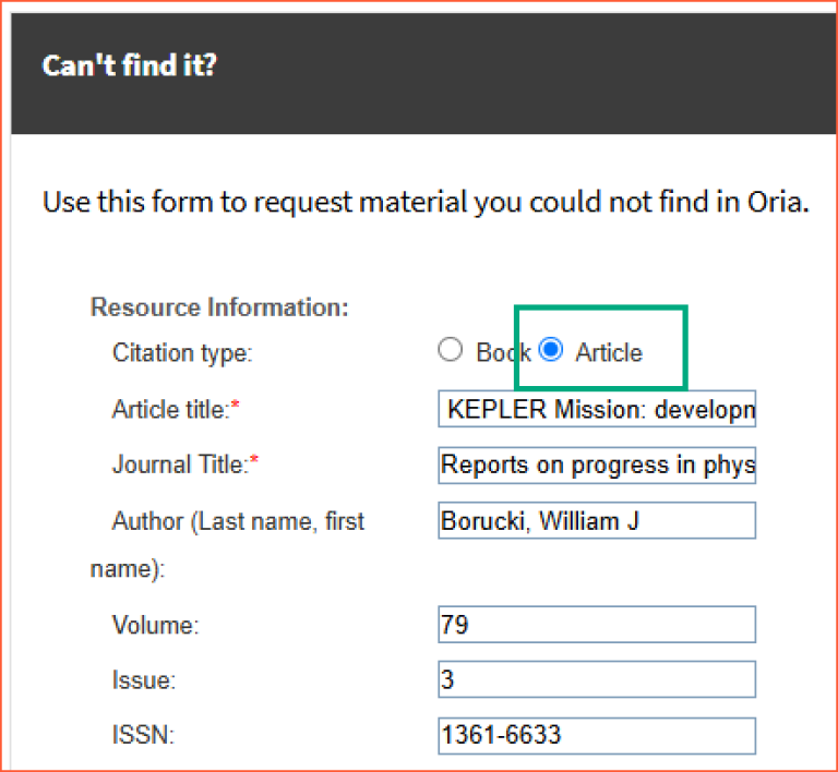 [Can't find it?] - screen shot from Oria, filling out the request form for material not available in Oria
