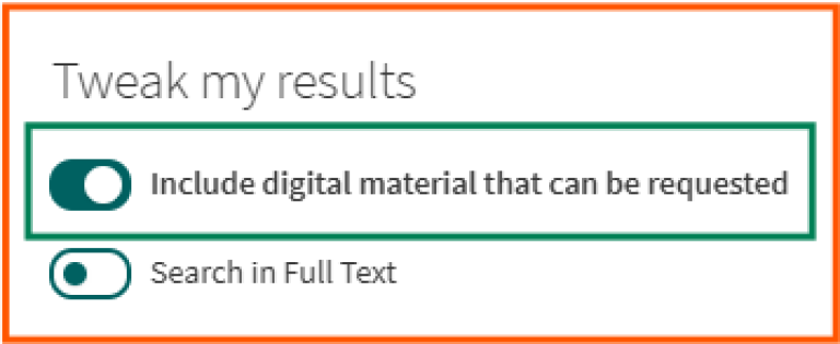 [Include digital material that can be requested] - screen shot from Oria, expand article search in Oria to other library collections