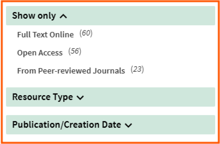 [Tweak My Results] - screen shot from Oria, showing filters for limiting search results