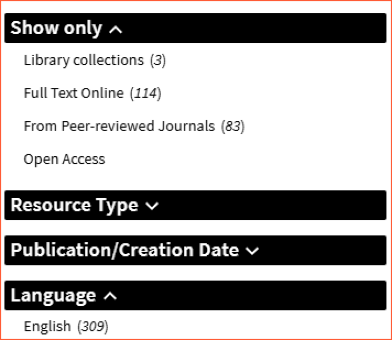 [Tweak My Results] - screen shot from Oria, showing filters for limiting search results