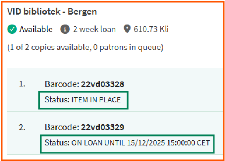 [Get It] - screen shot from Oria, showing the loan status of copies at a specific VID library