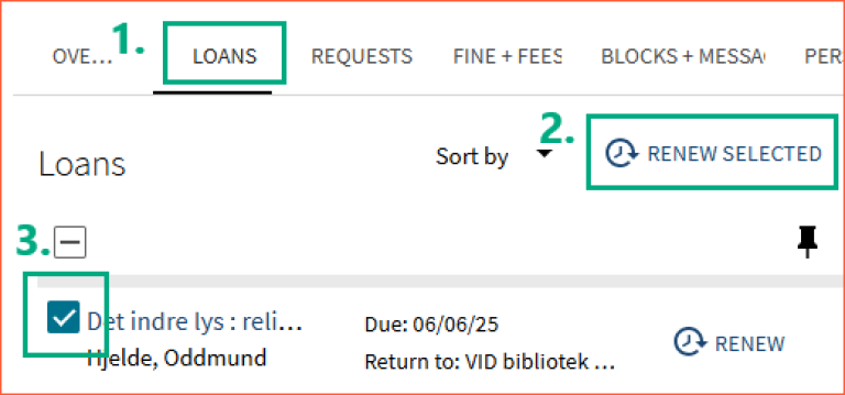 [Renew selected] - screen shot from Oria, renewal of selected loans under the [Loans] tab in [My Account]
