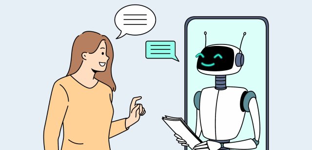 Illustration of a woman talking to a robot on a phone