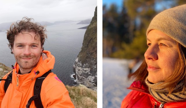 Ett portrett av Bjørlykhaug og ett av Maudal, begge på tur i norsk natur.