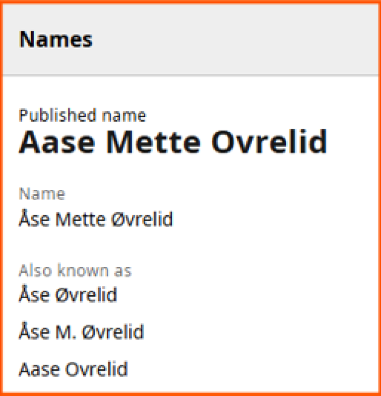 Navnvarianter i ORCID-iD, skjermbilde