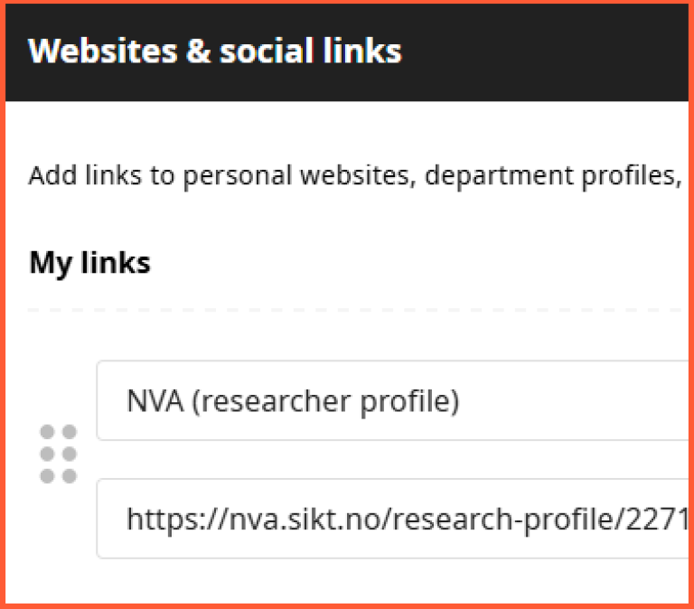 Lenker til nettsider og sosiale medier i ORCID-iD'en, skjermbilde fra ORCID