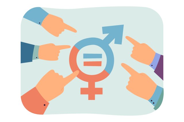 Illustrasjon av hender som peker mot et mann/kvinne symbol