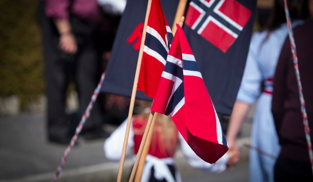 norske flagg i 17. mai tog. i tillegg til flagg ser man en mor som leier en liten jente i bunad.