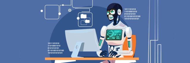 Illustrasjon av robot som skriver en oppgave på pc