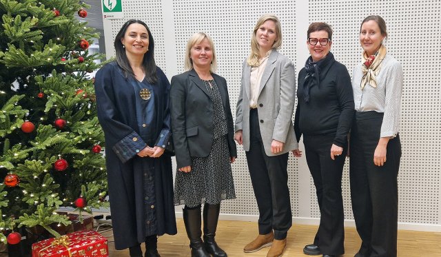 gruppebilde av de fem stående ved siden av juletre