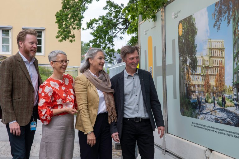 Fire voksne ser på en tavle utendørs
