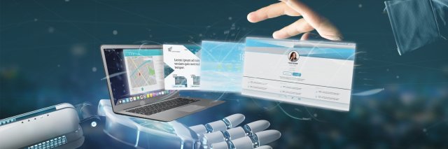 En kyborghånd holder en nettside-applikasjon som kommer ut av en laptopskjerm. 3d rendret illustrasjon.
