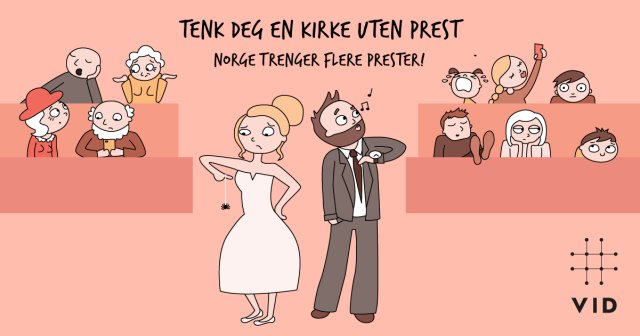 Viser 2 personer som står klar til å bli viet i en kirke med publikum til stede som venter på en prest som ikke kommer