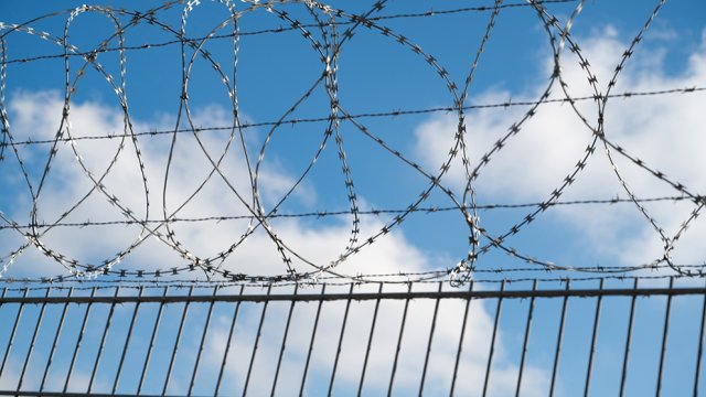 bilde av gjerde med piggtråd mot blå himmel