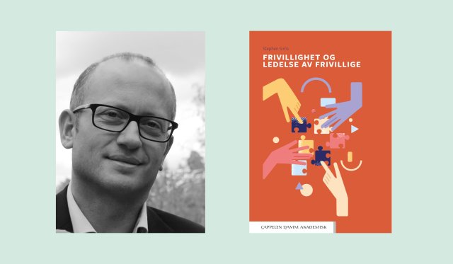 Kollasj med svarthvittbilde av professor Stephen Sirris og bokomslag. - Boken burde bli pensum for alle som jobber i og med frivillighet i Norge, sa generalsekretær i Frivillighet Norge, Stian Slotterøy Johnsen, da boken “Frivillighet og ledelse av frivillige” ble lansert. Boken er skrevet av VID-professor Stephen Sirris.
