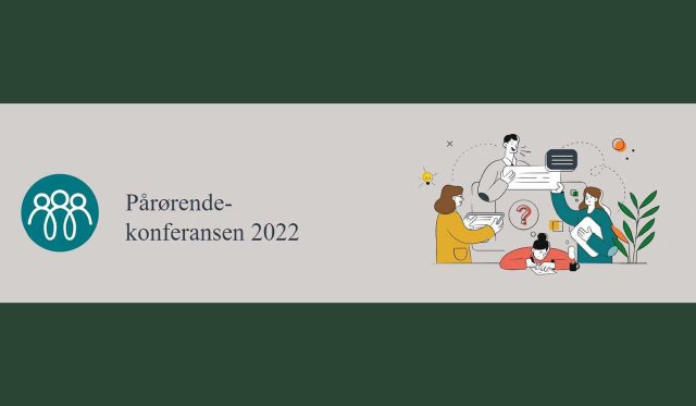 Logo og skrift Pårørendekonferansen 2022. Illustrasjon av mennesker som forsøker å organisere og skrive mange dokumenter.