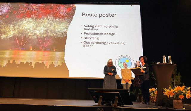 tre personer står på en scene foran en presentasjon