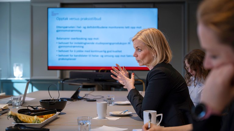 powerpoint i bakgrunnen. i forgrunnen gestikulerer Sigrun Aasland