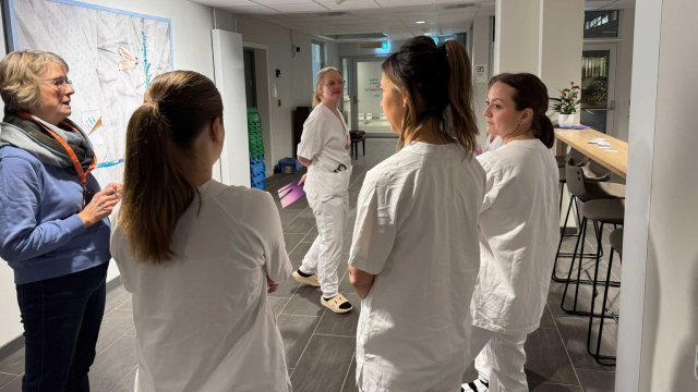 Tre sykepleierstudenter med ryggen til i samtale med en kvinnelig lærer