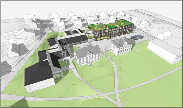 Arkitektskisse av campus fra et fugleperspektiv