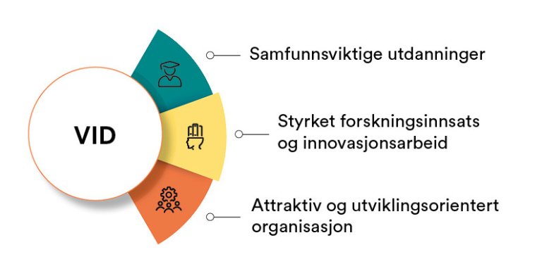 Illustrasjon med ordene Samfunnsviktige utdanninger, Styrket forkningsinnsats og innovasjonsarbeid, Attraktivt og utviklingsorientert organisasjon.