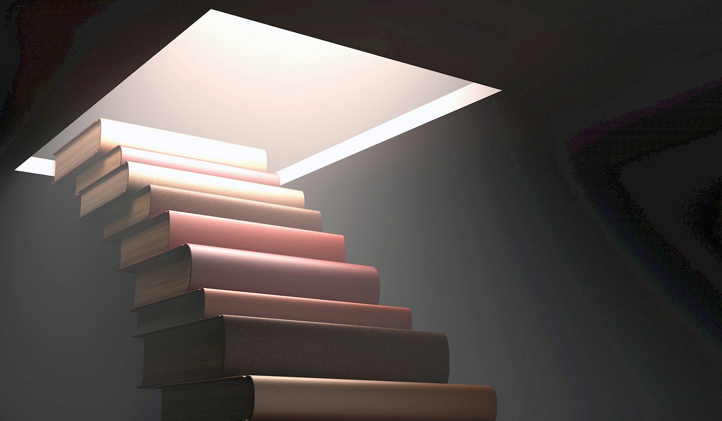 A pile of books that resembles stairs going to an open hatch in the ceiling