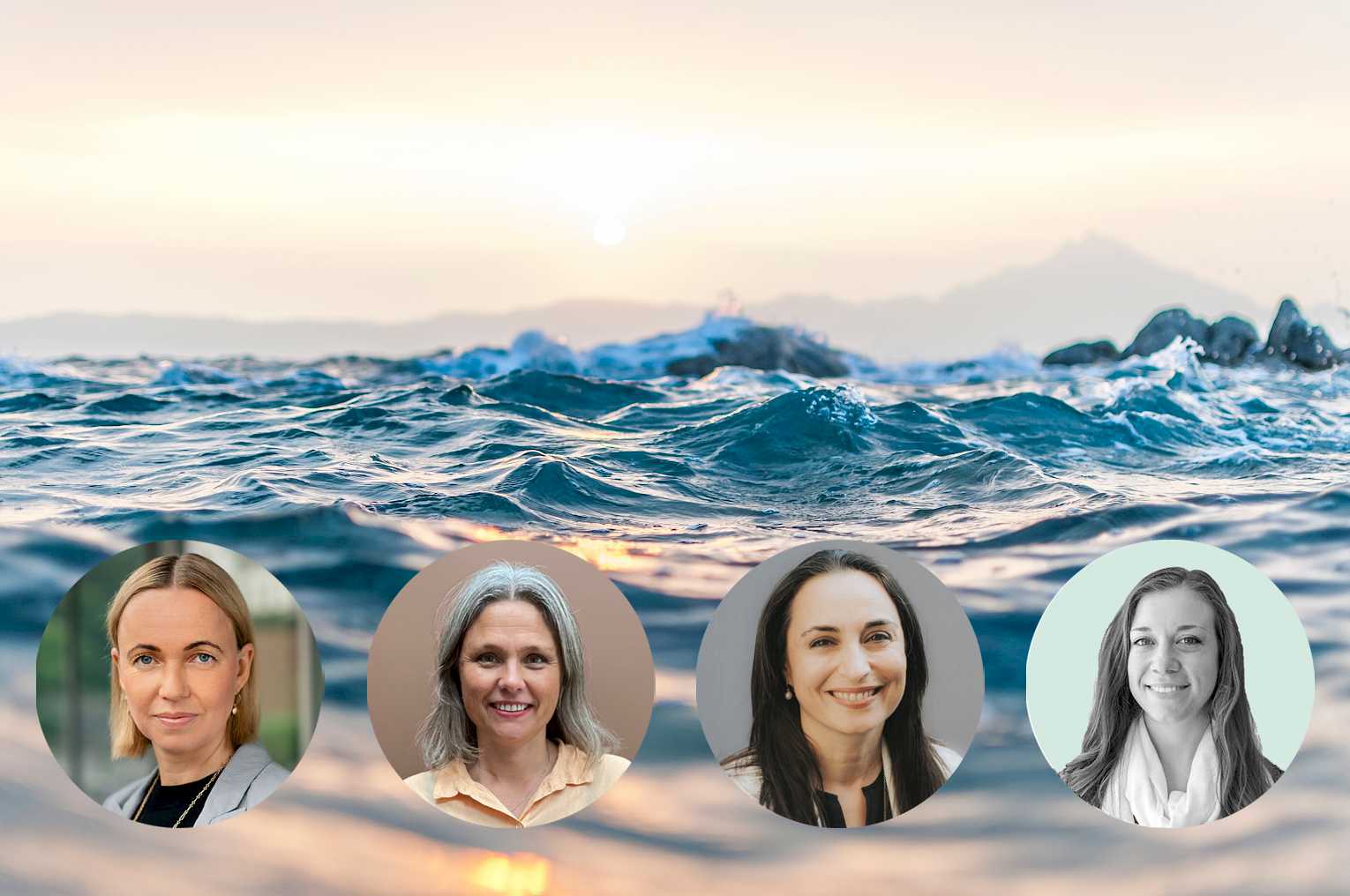Bilde av hav med bølger og solnedgang. Bilde av ansiktene til fire VID-ansatte.