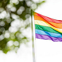 Et regnbueflagg som vaier i vinden på en flaggstang