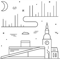 Illustration of buildings and sky with northern lights and moon