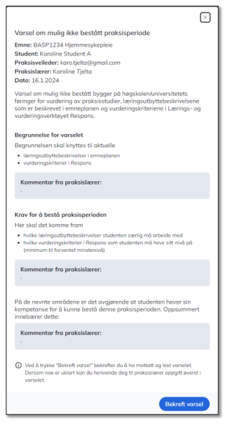 Studentvisning av varsel om mulig ikke bestått praksisperiode