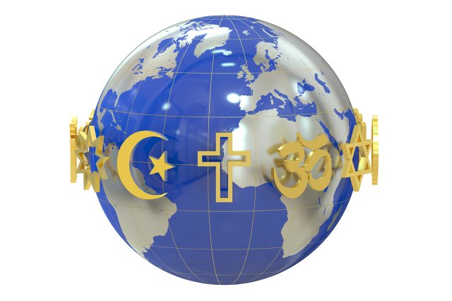 Globe with religions symbols isolated on white background